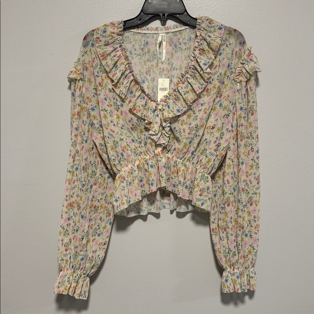 Anthropologie Floral Ruffle Blouse, Size S, Color Cream with Floral Pattern
